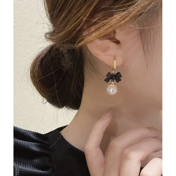 Black Bow Clear CZ Crystal Ball Dangle Hoop Earrings Gold Accent Fine Jewelry - Picture 2 of 4